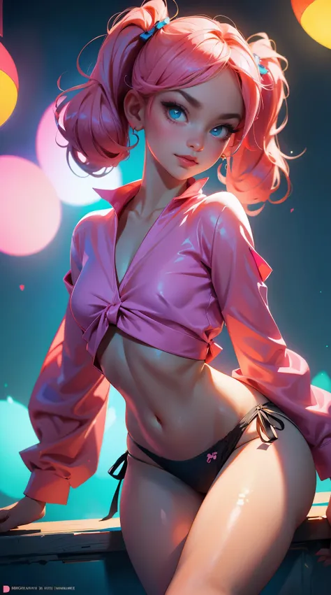 (best quality,masterpiece:1.2),absurd,1girl,open legs,twin tails,smile,((hand in panties)),detailed eyes,detailed lips,illustration,realistic,soft lighting,vibrant colors,bokeh,playful,mischievous,erotic,provocative,dreamlike,sexy pose,sensual,pink tones,c...