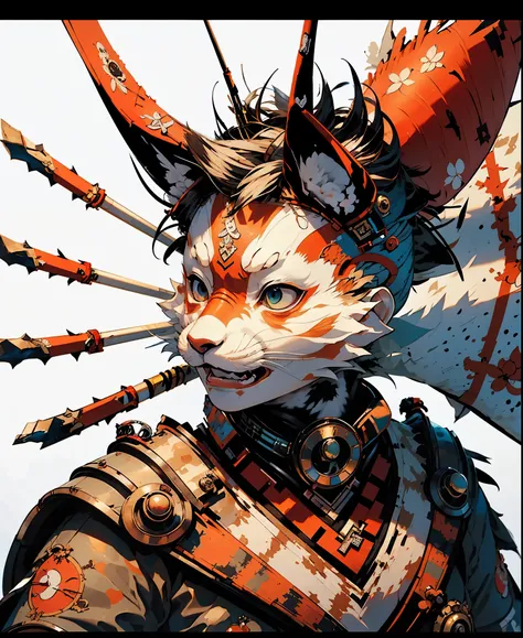 32K UHD QUALITY RESOLUTION, white rabbit, samurai warrior, highly detailed samurai battle armor and sashimono war flag, dynamic battle pose, blood splattered, cherry blossoms blowing in the wind, post apocalyptic feudal Japan background 