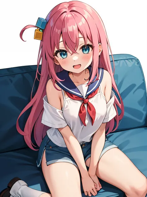 gotoh hitori, 1girl, solo, long hair, smile, open mouth, blue eyes, simple background, white background, hair between eyes, upper body, pink hair,one side up, cube hair ornament, camisole, on couch, sitting, short shorts, dolphin shorts, large breasts, gir...