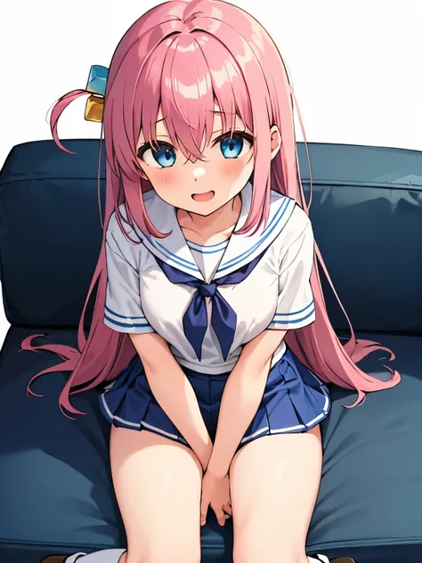 gotoh hitori, 1girl, solo, long hair, smile, open mouth, blue eyes, simple background, white background, hair between eyes, upper body, pink hair,one side up, cube hair ornament, camisole, on couch, sitting, short shorts, dolphin shorts, large breasts, gir...