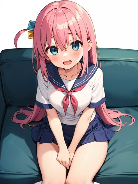 gotoh hitori, 1girl, solo, long hair, smile, open mouth, blue eyes, simple background, white background, hair between eyes, upper body, pink hair,one side up, cube hair ornament, camisole, on couch, sitting, short shorts, dolphin shorts, large breasts, gir...