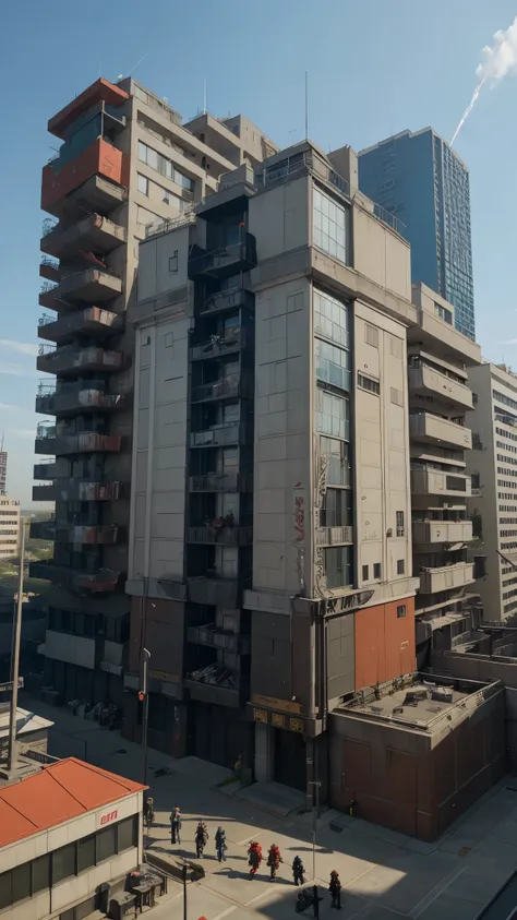 a group of people standing on top of a building, gundam-mech in background, movie gundam e, broken ruin gundam exia, gundam strike jaeger red, gundam astray red, an epic scifi movie still, epic scifi movie still, promotional movie poster, promotional image...