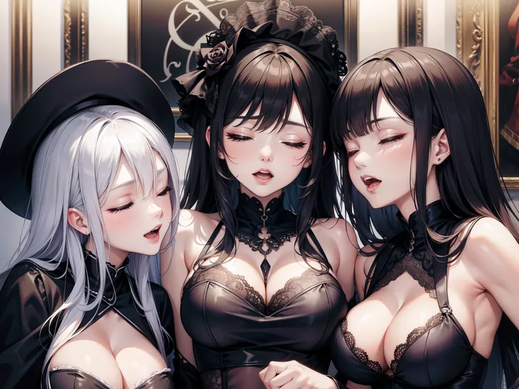 three sexy women, closed eyes, opened mouths yawning, goth outfits, portrait