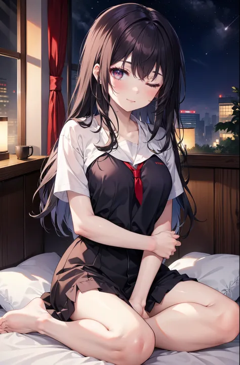 for profit, utaha kasumigaoka, black hair,  long hair, smile,windows，romantic starry sky，sleeping with both eyes closed,a meteor...