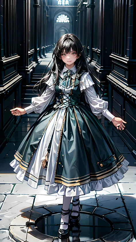 Aim from a little above,masterpiece, confused, incredibly confused, very detailed, highest quality, costume, have, knee high, whole body, 1 girl, alone, black hair, light smile, looking at the viewer, detailed background, Are standing, at the castle, night...