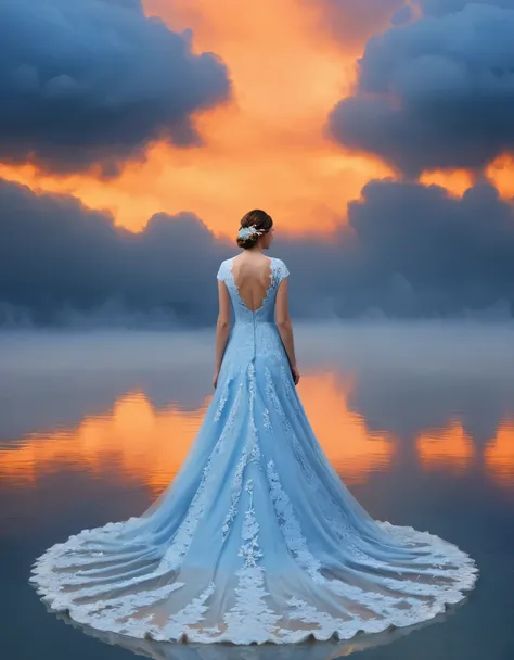 Tyndall phenomenon，best quality,Super detailed,actual,professional，blue lace wedding dress，rows of orange beams,cloud,mist,，White minimalist,partial reflection，Desktop Wallpapers，