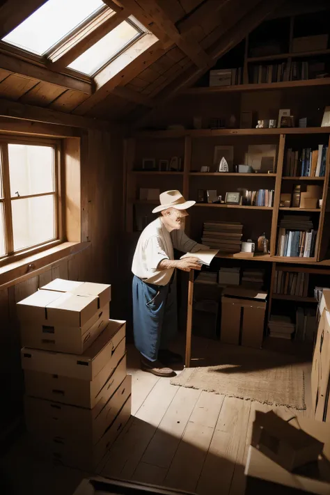 In the dim light of the attic, an old man, tall and curved, bending his huge body，Walking towards a pile of boxes near a small half window。.  