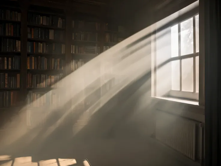 (tyndall effect), ancient library, bookshelves, dusty, dust in the air, dark and poorly lit, the only light comes in through a v...