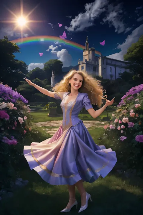 "Alice, a Sonhadora, is in your favorite place: a colina verde, surrounded by a magical setting. Your golden curls dance in the wind, reflecting the sun that paints the sky with vibrant colors. She holds her magic notebook, aberto e pronto para ser preench...