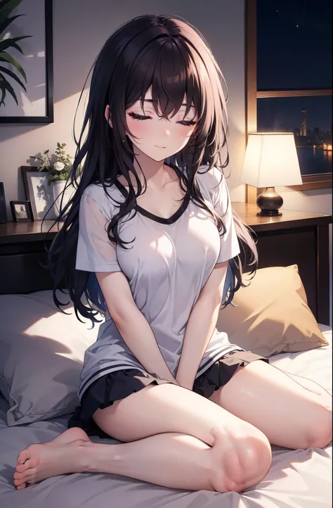 for profit, utaha kasumigaoka, black hair,  long hair, smile,windows，romantic starry sky，sleeping with both eyes closed,a meteor...