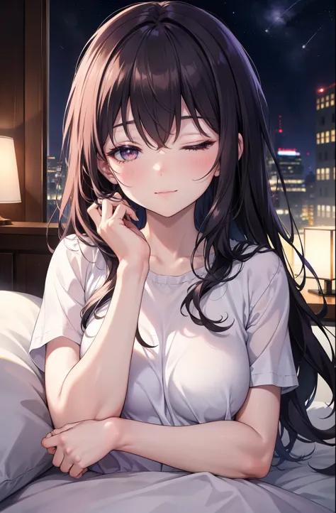 for profit, utaha kasumigaoka, black hair,  long hair, smile,windows，romantic starry sky，sleeping with both eyes closed,a meteor...