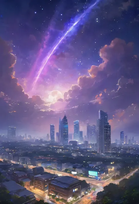 Studio Ghibli, meteoriteสีเขียว มีหางเป็นทางยาว, in the sky of Bangkok, full of skyscrapers, sky train, A road with lots of traffic..., night time , starry sky, galaxy, Ghibli style , 4k , Masterpiece, various colored lights, Photorealisticlight reflected ...