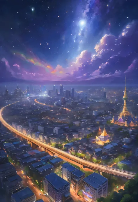 Studio Ghibli, meteoriteสีเขียว มีหางเป็นทางยาว, in the sky of Bangkok, full of skyscrapers, sky train, A road with lots of traffic..., night time , starry sky, galaxy, Ghibli style , 4k , Masterpiece, various colored lights, Photorealisticlight reflected ...