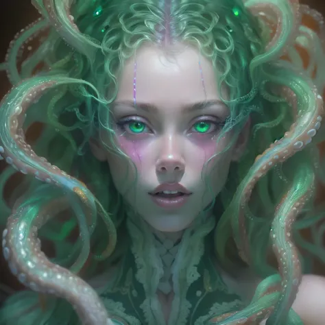 (1 medusa-like alien woman: 1.2), (there is a female genital-like organ in the middle of the forehead.:1.6), beautiful, fascinat...