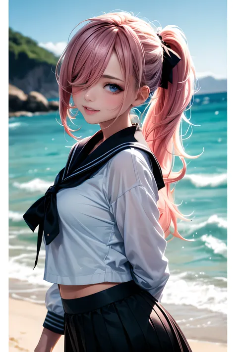 1girll, Beautiful detailed eyes, (long_ponytail wavy tip pink color hair), (hair over one eye:1.3), detailed beautiful eyes, detailed gorgeous face, Light blue eyes, a sailor suit, High white stockings, Glossy glossy skin, Seaside, beach, Waves, High contr...