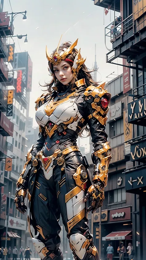 a woman adorned in fantasy-style full-body armor, a crown-concept fully enclosed helmet that unveils only her eyes, a composite ...