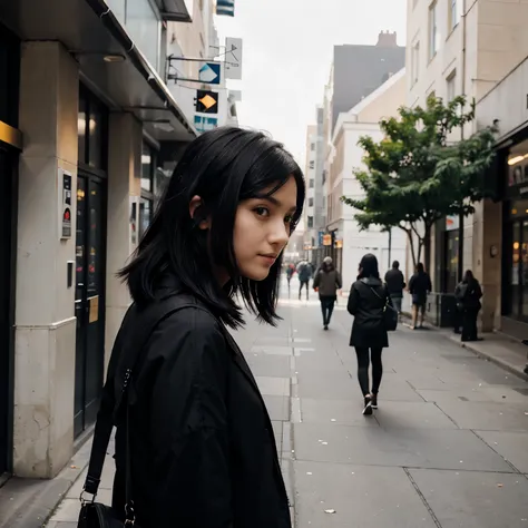 Woman with medium black hair in black clothes facing away from the camera enjoying the day in the city