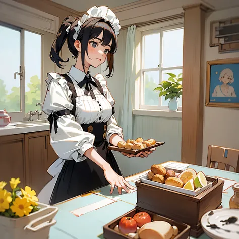 A young woman，Wearing a black and white maid outfit，Standing at the dining table and making tea，There are fruits and snacks on the table。Medium shot composition，Anime illustration style，Marker sketch style，Sketch portraits of people，high-definition，4k。