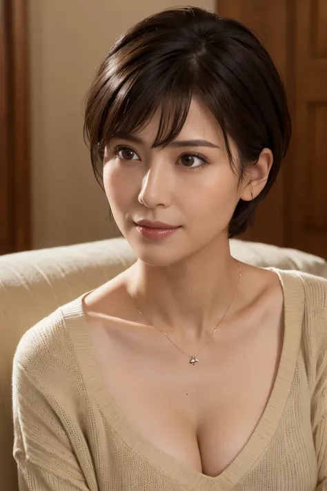 (In 8K, highest quality, masterpiece:1.2), (realistic, Photoreal:1.37), super detailed, Natural light, medium chest, I can see the cleavage, 1 person, 35 year old female, black hair, short hair, Look up at the viewer from below, pendant, Light knit V-neck ...