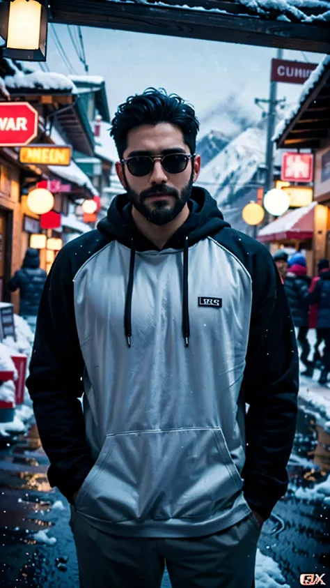 A sexy man with short beard, wearing hoodie and trousers in Kashmir, snowing,winter, mountains, nsfw, (penis), happy expression ,(extremely gorgeous face )and black hair, Surrealism, lens flare, overexposure, American propaganda poster, depth of field, cin...
