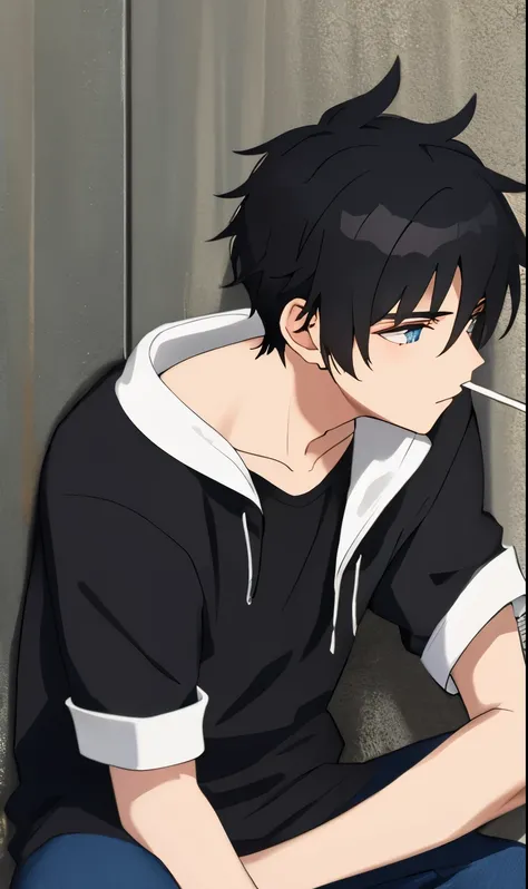 1 boy, sitting, leaning against the wall, smoking, black hair, depressed, black jacket, teen