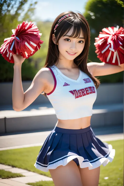 Female cheerleader wearing  cheerleader costume, cheer dance, Second time&#39;Tzuyu, Young and cute gravure idol, sleeveless tops, pleated mini skirt, cheerleader costume, Cheering uniform, cowboy shot, medium long,Refreshing young Japanese woman, cute ido...