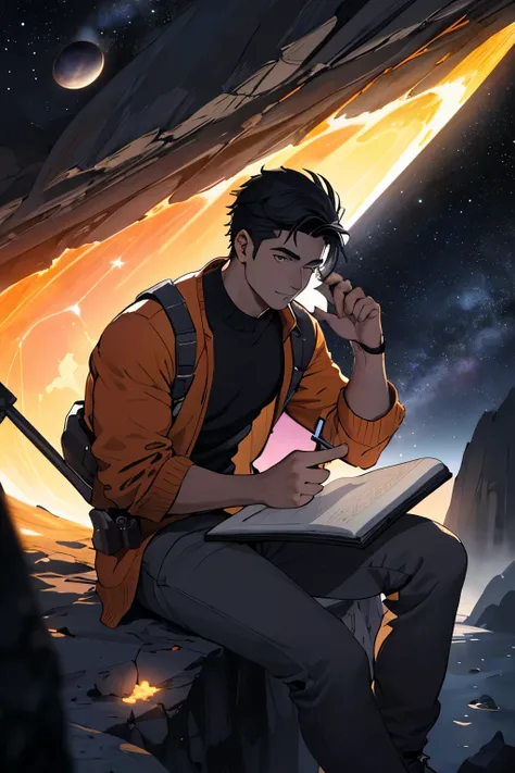 Dibuja un joven programador., sitting on a research platform floating in the middle of an asteroid belt. He is studying with a notebook., rodeado por varios asteroides que brillan con auras de fuego. Spectacular illumination of distant stars and planets il...