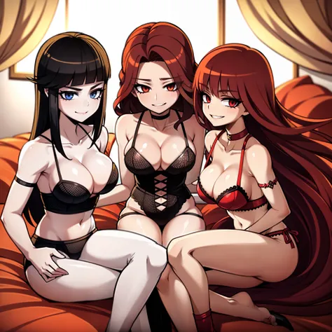 three sexy women looking at camera, flirtatious smiles, on bed, red and auburn hair, sunglasses, sunhats and goth lingerie outfits, portrait