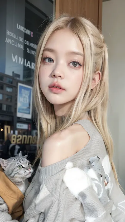 Blonde woman in a gray sweater and a gray cat on her arm., parque roseanne de blackpink, Lalisa Manobal, sakimichan, shikami, heonhwa choe, Lalisa Manoban de Blackpink, jinyoung shin, ulzzang, cl, imagen filtrada, Jennie rosa negra, retrato de jossi de bla...