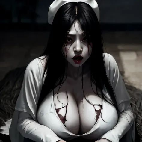 Realistic Japanese Horror movie taste picture, ((masterpiece)), (best quality), (absurdness quality), high resolution, 32k, (photorealistic:1.4), black hair, hyper realistic photo Sadako, (((torn, sexy white dress))), ((grey skin)), long hair over eyes, ey...