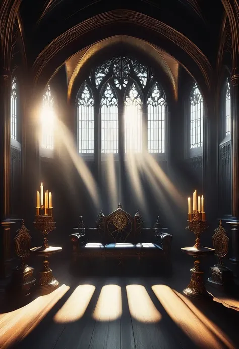 (Tyndall effect:1.8)，Sunlight shines through the glass，visible light，Holy Light，top light，Gothic throne，gothic style，mysterious atmosphere，detailed details，smoke space，dark gothic hall