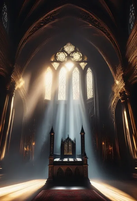 (Tyndall effect:1.8)，Sunlight shines through the glass，visible light，Holy Light，top light，Gothic throne，gothic style，mysterious atmosphere，detailed details，smoke space，dark gothic hall