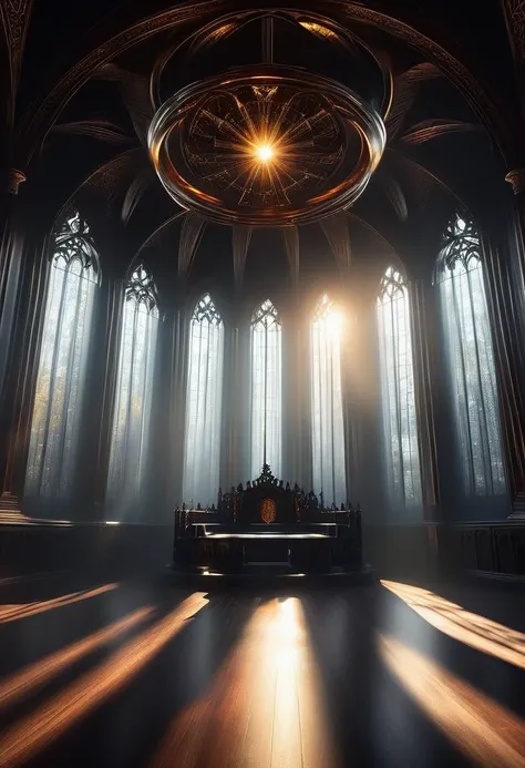 (Tyndall effect:1.8)，Sunlight shines through the glass，visible light，Holy Light，top light，Gothic throne，gothic style，mysterious atmosphere，detailed details，smoke space，dark gothic hall