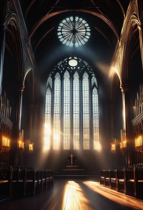 (Tyndall effect:1.8)，Sunlight shines through the glass，visible light，Holy Light，top light，Gothic throne，gothic style，mysterious atmosphere，detailed details，smoke space，dark gothic hall