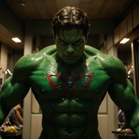 (Unprecedented, groundbreaking, cinematic photo: 1.5), The merging of two iconic superheroes: Hulk and Spider-Man, in a single extraordinary body, A new breed of superhero is born, The Fusion Hero: Spidhulk, A harmonious amalgamation of power and agility, ...