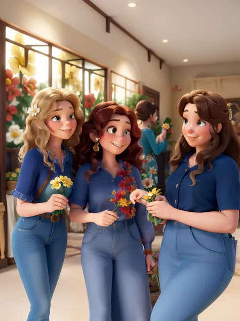 Obra-prima ao estilo Disney/Pixar in high quality and high resolution. The woman in front is a thin blonde with flowers in her hand, the one in the middle is a short woman with wavy hair with a red flower in her hands and the woman on the right is a tall w...