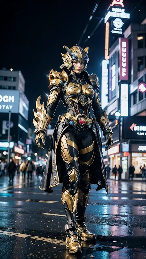 A woman adorned in fantasy-style full-body armor, a crown-concept fully enclosed helmet that unveils only her eyes, a composite layered chest plate, fully encompassing shoulder and hand guards, a lightweight waist armor, form-fitting shin guards, the overa...