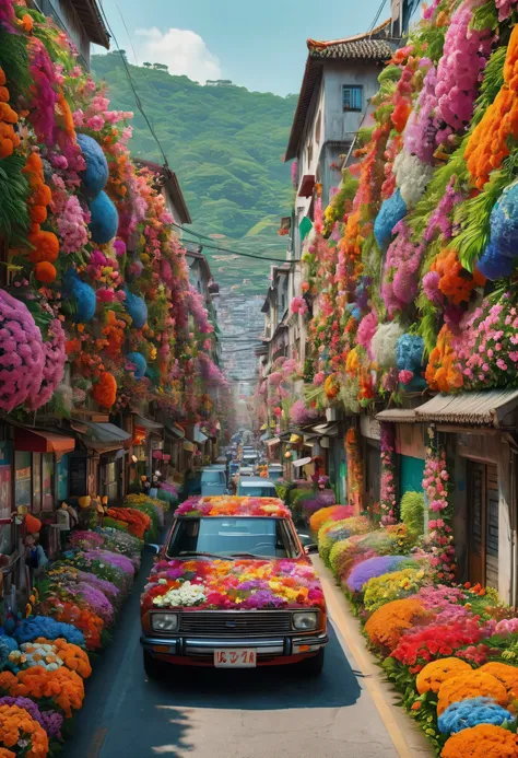 Realistic photos, fantasy, futuristic, Science fiction, Sea of flowers, City, View od street full of flowers, many colorful flowers, The walls are covered with flowers, car covered in flowers, bright colors, 一个美丽的女人在一座被五颜六色的鲜花覆盖的City的街道上漫步, original photo,...