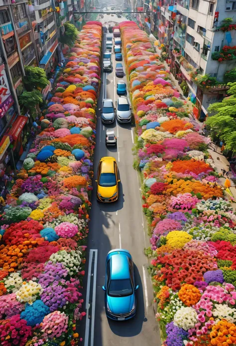 Realistic photos, fantasy, futuristic, Science fiction, Sea of flowers, City, View od street full of flowers, many colorful flowers, The walls are covered with flowers, car covered in flowers, bright colors, 一个美丽的女人在一座被五颜六色的鲜花覆盖的City的街道上漫步, original photo,...