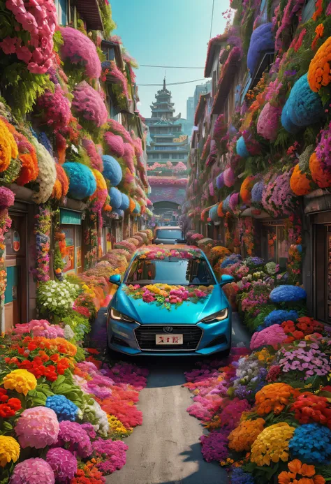 Realistic photos, fantasy, futuristic, Science fiction, Sea of flowers, City, View od street full of flowers, many colorful flowers, The walls are covered with flowers, car covered in flowers, bright colors, 一个美丽的女人在一座被五颜六色的鲜花覆盖的City的街道上漫步, original photo,...