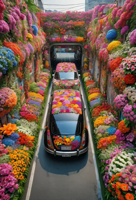 Realistic photos, fantasy, futuristic, Science fiction, Sea of flowers, City, View od street full of flowers, many colorful flowers, The walls are covered with flowers, car covered in flowers, bright colors, 一个美丽的女人在一座被五颜六色的鲜花覆盖的City的街道上漫步, original photo,...