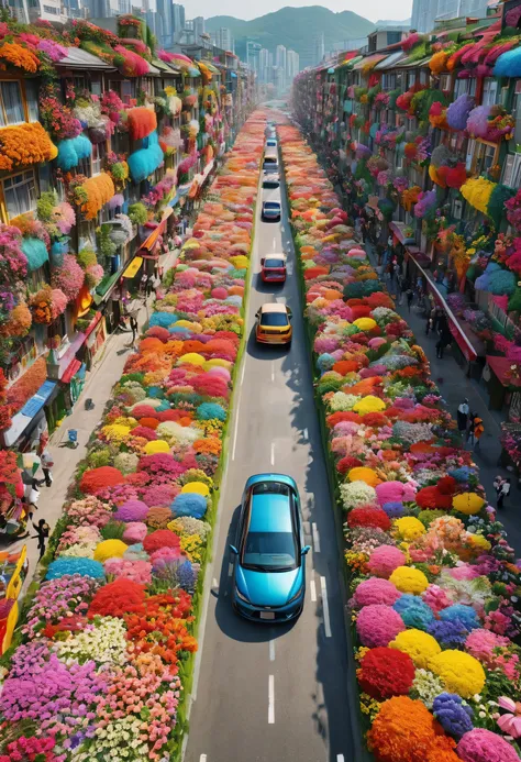 Realistic photos, fantasy, futuristic, Science fiction, Sea of flowers, City, View od street full of flowers, many colorful flowers, The walls are covered with flowers, car covered in flowers, bright colors, 一个美丽的女人在一座被五颜六色的鲜花覆盖的City的街道上漫步, original photo,...