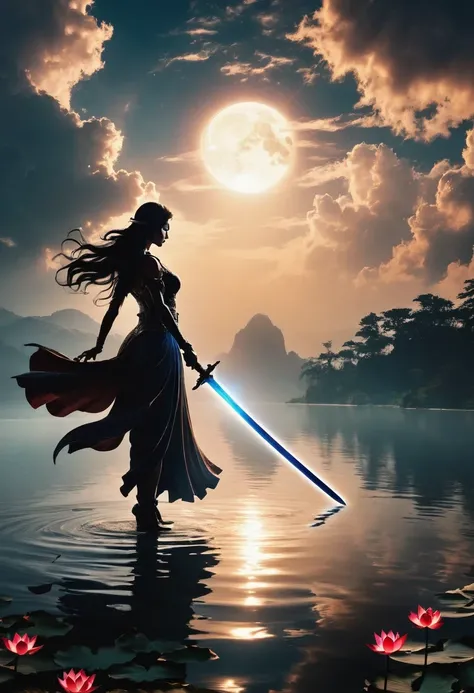 (Heroine dancing sword silhouette:1.5),glowing sword,(Combat stance，Strong dynamic stance:1.4),on the lake，high contrast, mysterious atmosphere,，cloud，smokes，lotus，lotus leaf，ripple，(water splash;1.4)，moonlight，swordsman，effort，(Tyndall effect:1.8)，visible...