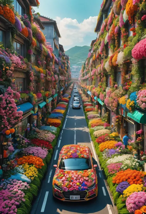 Realistic photos, fantasy, futuristic, Science fiction, Sea of flowers, City, View od street full of flowers, many colorful flowers, The walls are covered with flowers, car covered in flowers, bright colors, 一个美丽的女人在一座被五颜六色的鲜花覆盖的City的街道上漫步, original photo,...