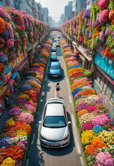 Realistic photos, fantasy, futuristic, Science fiction, Sea of flowers, City, View od street full of flowers, many colorful flowers, The walls are covered with flowers, car covered in flowers, bright colors, 一个美丽的女人在一座被五颜六色的鲜花覆盖的City的街道上漫步, original photo,...