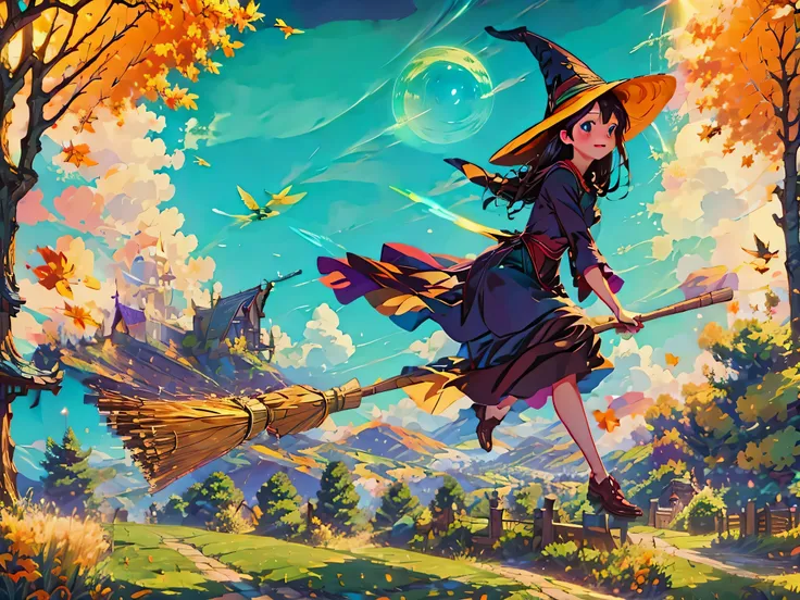 1 girl, alone,flying witch,broom ride,nice background,outdoors,magic effect,light,beautiful,shine,get used to it,forest,(masterp...