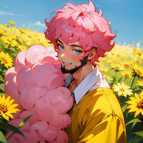 1male,Pink Skin , Sky Blue Eyes , Afro , Curly Hair,Pink Hair , Short Hair , Yellow Shortsleeve Shirt , Adult Male , Sunny Hills Background , Vibrant green grass , Perfect Generation , Happy Expression , Facing Viewer , Beard