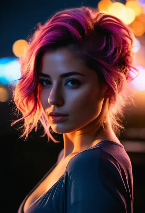 1 girl, multicoloured hair, night, neon sign backlight, looking at the viewer, side lighting, complex hairstyle, midnight ,((explosion,mushroom cloud in background)), sarahshahi,  (masterpiece, best quality, ultra-detailed, best shadow), high contrast, (be...