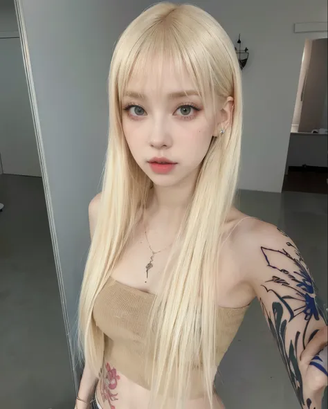 Mujer rubia con tatuajes y piercings posando para una foto., peinado de corte hime blanco, pelo largo y blanco y flequillo, extremely pale blonde hair, pale fur, very very pale blonde hair, el corte de hime, flequillo blanco, Lalisa Manobal, ava max, pelo ...