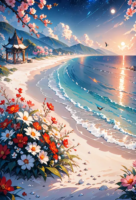 castle, flowers, Delicate scenes, Sky, Baiyun, The sun shines on the snow-white beach. birds, pink flowers and bright big shells, diamond crystal, on the beach, fantasy, night Sky, moon, smokes, fire, photo, HD, 8k, UHD, Ultra-detailed, high quality, 1080p...